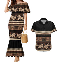 Black Samoa Siapo Teuila Flowers Couples Matching Mermaid Dress and Hawaiian Shirt LT14 Black - Polynesian Pride