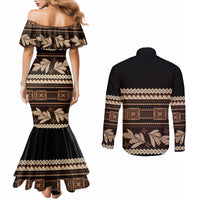 Black Samoa Siapo Teuila Flowers Couples Matching Mermaid Dress and Long Sleeve Button Shirt LT14 - Polynesian Pride
