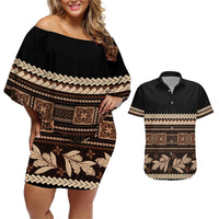 Black Samoa Siapo Teuila Flowers Couples Matching Off Shoulder Short Dress and Hawaiian Shirt LT14 Black - Polynesian Pride