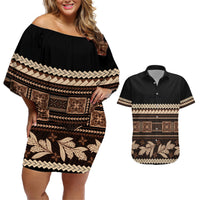Black Samoa Siapo Teuila Flowers Couples Matching Off Shoulder Short Dress and Hawaiian Shirt LT14 Black - Polynesian Pride