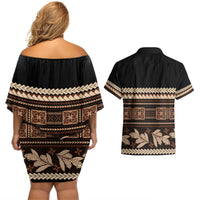 Black Samoa Siapo Teuila Flowers Couples Matching Off Shoulder Short Dress and Hawaiian Shirt LT14 - Polynesian Pride