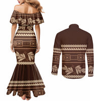 Brown Samoa Siapo Teuila Flowers Couples Matching Mermaid Dress and Long Sleeve Button Shirt LT14 - Polynesian Pride