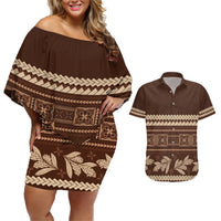Brown Samoa Siapo Teuila Flowers Couples Matching Off Shoulder Short Dress and Hawaiian Shirt LT14 Brown - Polynesian Pride