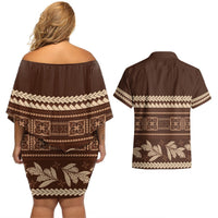 Brown Samoa Siapo Teuila Flowers Couples Matching Off Shoulder Short Dress and Hawaiian Shirt LT14 - Polynesian Pride