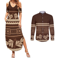 Brown Samoa Siapo Teuila Flowers Couples Matching Summer Maxi Dress and Long Sleeve Button Shirt LT14 Brown - Polynesian Pride
