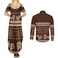 Brown Samoa Siapo Teuila Flowers Couples Matching Summer Maxi Dress and Long Sleeve Button Shirt LT14 - Polynesian Pride