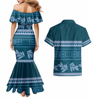 Dark Cyan Samoa Siapo Teuila Flowers Couples Matching Mermaid Dress and Hawaiian Shirt LT14 - Polynesian Pride