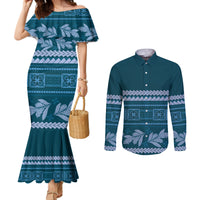 Dark Cyan Samoa Siapo Teuila Flowers Couples Matching Mermaid Dress and Long Sleeve Button Shirt LT14 Dark Cyan - Polynesian Pride