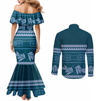 Dark Cyan Samoa Siapo Teuila Flowers Couples Matching Mermaid Dress and Long Sleeve Button Shirt LT14 - Polynesian Pride