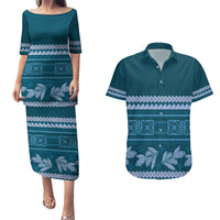 Dark Cyan Samoa Siapo Teuila Flowers Couples Matching Puletasi and Hawaiian Shirt LT14 Dark Cyan - Polynesian Pride