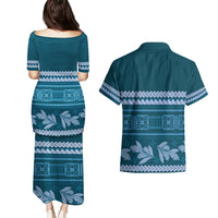 Dark Cyan Samoa Siapo Teuila Flowers Couples Matching Puletasi and Hawaiian Shirt LT14 - Polynesian Pride
