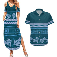 Dark Cyan Samoa Siapo Teuila Flowers Couples Matching Summer Maxi Dress and Hawaiian Shirt LT14 Dark Cyan - Polynesian Pride