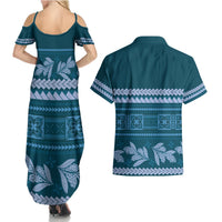 Dark Cyan Samoa Siapo Teuila Flowers Couples Matching Summer Maxi Dress and Hawaiian Shirt LT14 - Polynesian Pride