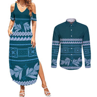 Dark Cyan Samoa Siapo Teuila Flowers Couples Matching Summer Maxi Dress and Long Sleeve Button Shirt LT14 Dark Cyan - Polynesian Pride