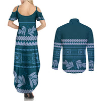 Dark Cyan Samoa Siapo Teuila Flowers Couples Matching Summer Maxi Dress and Long Sleeve Button Shirt LT14 - Polynesian Pride