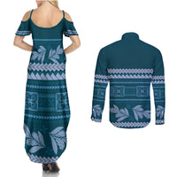 Dark Cyan Samoa Siapo Teuila Flowers Couples Matching Summer Maxi Dress and Long Sleeve Button Shirt LT14 - Polynesian Pride
