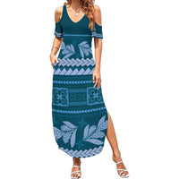Dark Cyan Samoa Siapo Teuila Flowers Summer Maxi Dress LT14 Women Dark Cyan - Polynesian Pride