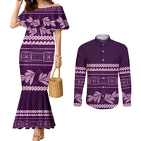 Purple Samoa Siapo Teuila Flowers Couples Matching Mermaid Dress and Long Sleeve Button Shirt LT14 Purple - Polynesian Pride