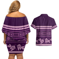 Purple Samoa Siapo Teuila Flowers Couples Matching Off Shoulder Short Dress and Hawaiian Shirt LT14 - Polynesian Pride