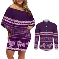 Purple Samoa Siapo Teuila Flowers Couples Matching Off Shoulder Short Dress and Long Sleeve Button Shirt LT14 Purple - Polynesian Pride