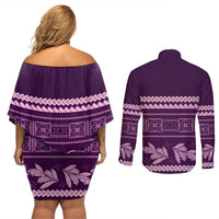 Purple Samoa Siapo Teuila Flowers Couples Matching Off Shoulder Short Dress and Long Sleeve Button Shirt LT14 - Polynesian Pride