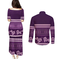 Purple Samoa Siapo Teuila Flowers Couples Matching Puletasi and Long Sleeve Button Shirt LT14 - Polynesian Pride