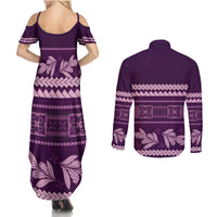 Purple Samoa Siapo Teuila Flowers Couples Matching Summer Maxi Dress and Long Sleeve Button Shirt LT14 - Polynesian Pride