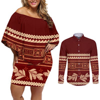 Red Samoa Siapo Teuila Flowers Couples Matching Off Shoulder Short Dress and Long Sleeve Button Shirt LT14 Red - Polynesian Pride