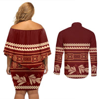 Red Samoa Siapo Teuila Flowers Couples Matching Off Shoulder Short Dress and Long Sleeve Button Shirt LT14 - Polynesian Pride