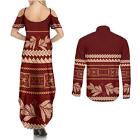 Red Samoa Siapo Teuila Flowers Couples Matching Summer Maxi Dress and Long Sleeve Button Shirt LT14 - Polynesian Pride