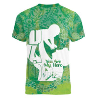 Green Polynesia Father's Day Women V-Neck T-Shirt Dad You Are My Hero