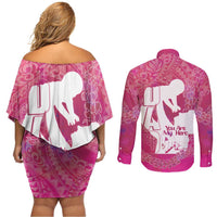 Pink Polynesia Father's Day Couples Matching Off Shoulder Short Dress and Long Sleeve Button Shirt Dad You Are My Hero LT14 - Polynesian Pride