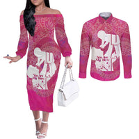 Pink Polynesia Father's Day Couples Matching Off The Shoulder Long Sleeve Dress and Long Sleeve Button Shirt Dad You Are My Hero