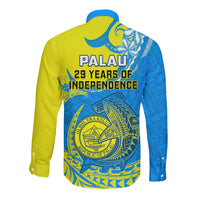 Palau Independence Day Long Sleeve Button Shirt Happy 29th Anniversary Polynesian Hammerhead Shark LT14 - Polynesian Pride
