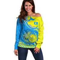 Palau Independence Day Off Shoulder Sweater Happy 29th Anniversary Polynesian Hammerhead Shark LT14 Women Blue - Polynesian Pride