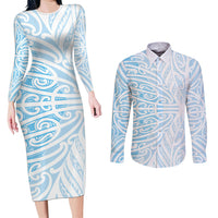 Blue New Zealand Puhoro Maori Tattoo Couples Matching Long Sleeve Bodycon Dress and Long Sleeve Button Shirt