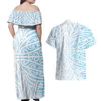 Blue New Zealand Puhoro Maori Tattoo Couples Matching Off Shoulder Maxi Dress and Hawaiian Shirt