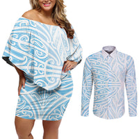 Blue New Zealand Puhoro Maori Tattoo Couples Matching Off Shoulder Short Dress and Long Sleeve Button Shirt