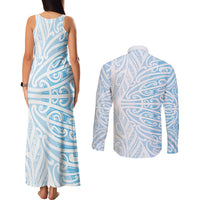 Blue New Zealand Puhoro Maori Tattoo Couples Matching Tank Maxi Dress and Long Sleeve Button Shirt