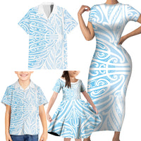 Blue New Zealand Puhoro Maori Tattoo Family Matching Short Sleeve Bodycon Dress and Hawaiian Shirt