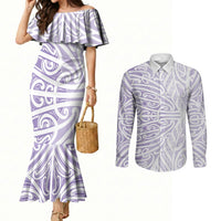Purple New Zealand Puhoro Maori Tattoo Couples Matching Mermaid Dress and Long Sleeve Button Shirt LT14 Purple - Polynesian Pride