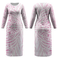 Pink New Zealand Puhoro Maori Tattoo Couples Matching Long Sleeve Bodycon Dress and Long Sleeve Button Shirt LT14 - Polynesian Pride