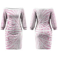 Pink New Zealand Puhoro Maori Tattoo Couples Matching Off The Shoulder Long Sleeve Dress and Hawaiian Shirt LT14 - Polynesian Pride