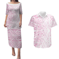 Pink New Zealand Puhoro Maori Tattoo Couples Matching Puletasi and Hawaiian Shirt