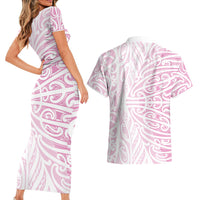 Pink New Zealand Puhoro Maori Tattoo Couples Matching Short Sleeve Bodycon Dress and Hawaiian Shirt