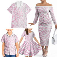 Pink New Zealand Puhoro Maori Tattoo Family Matching Off The Shoulder Long Sleeve Dress and Hawaiian Shirt LT14 - Polynesian Pride