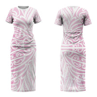 Pink New Zealand Puhoro Maori Tattoo Family Matching Short Sleeve Bodycon Dress and Hawaiian Shirt LT14 Mom's Dress Pink - Polynesian Pride