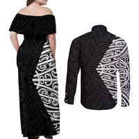 Black New Zealand Puhoro Maori Tattoo Couples Matching Off Shoulder Maxi Dress and Long Sleeve Button Shirt