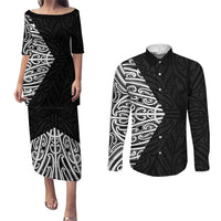 Black New Zealand Puhoro Maori Tattoo Couples Matching Puletasi and Long Sleeve Button Shirt