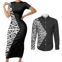 Black New Zealand Puhoro Maori Tattoo Couples Matching Short Sleeve Bodycon Dress and Long Sleeve Button Shirt LT14 Black - Polynesian Pride